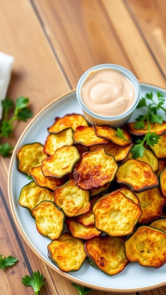 Crispy Air Fryer Zucchini Chips Recipe Crispy air fryer zucchini chips served with a side of dipping sauce.